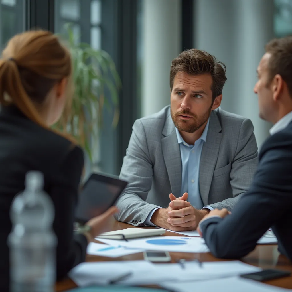 Fundadores de EmpresaGlobal discutiendo estrategias en una oficina luminosa